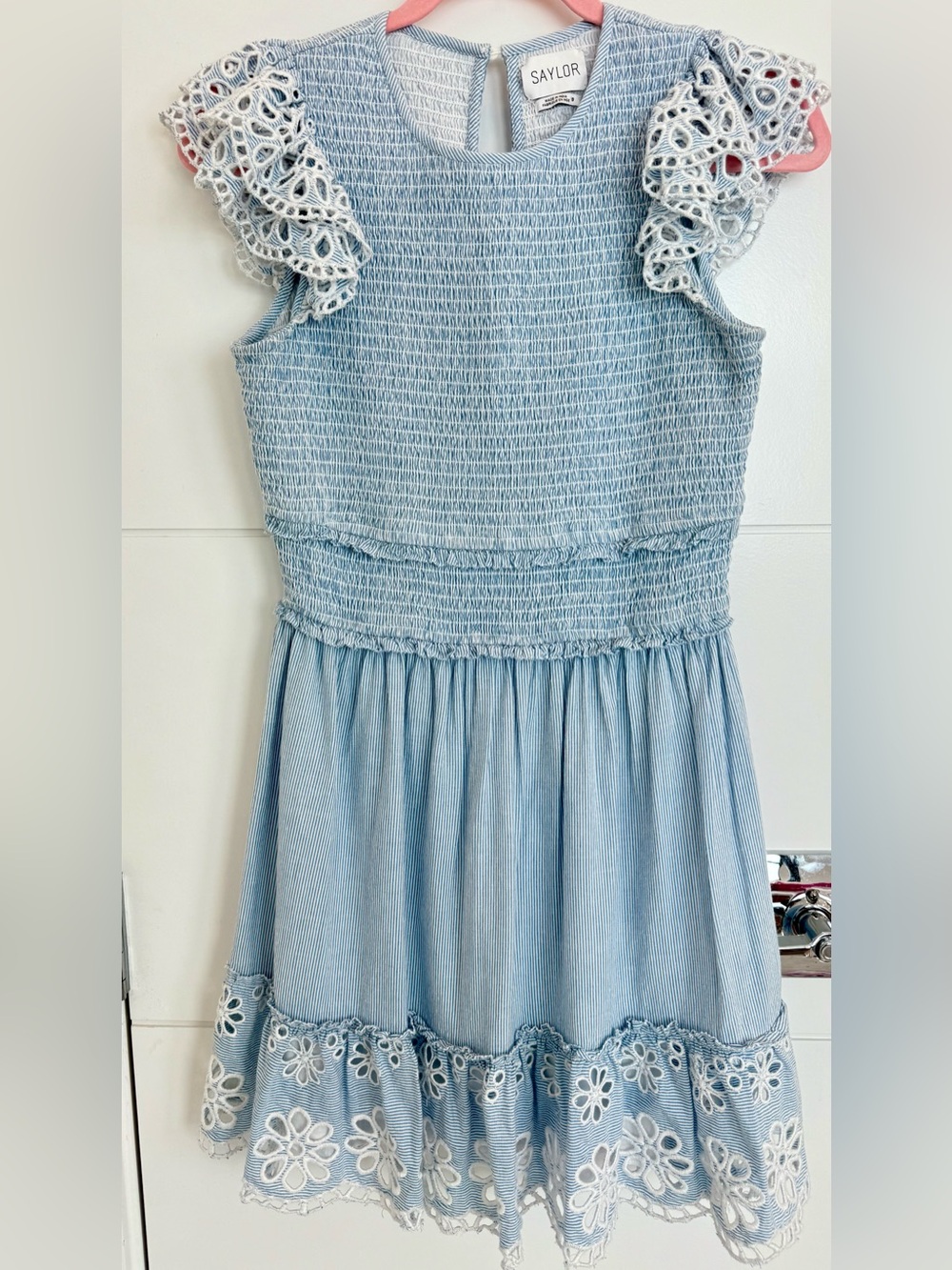 SAYLOR Light Blue Smocked Mini Dress with Eyelet Trim lace detail size S